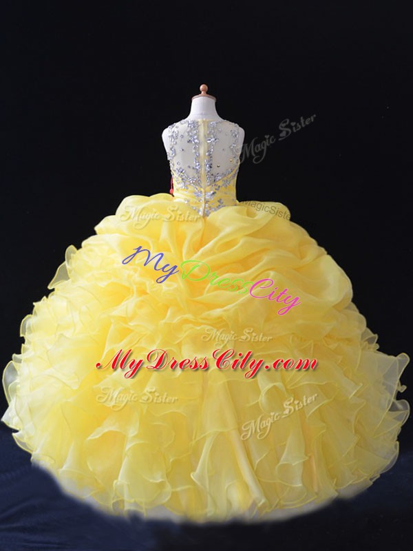 Yellow Ball Gowns Organza Straps Sleeveless Beading and Ruffles and Pick Ups Floor Length Zipper Kids Formal Wear