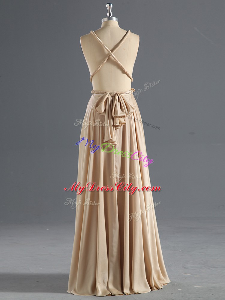 Floor Length Criss Cross Evening Gowns Champagne for Prom and Party and Military Ball with Ruching