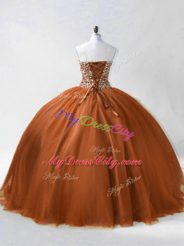Ball Gowns Quince Ball Gowns Brown Sweetheart Tulle Sleeveless Floor Length Lace Up