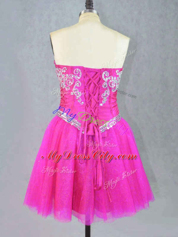 Fuchsia Lace Up Dress for Prom Beading Sleeveless Mini Length