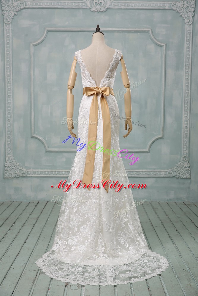 White Column/Sheath Lace V-neck Sleeveless Beading and Lace and Belt Backless Wedding Dresses Brush Train