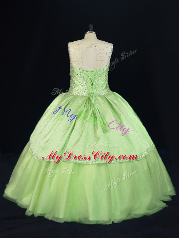 Hot Selling Beading Quinceanera Dresses Yellow Green Lace Up Sleeveless Floor Length