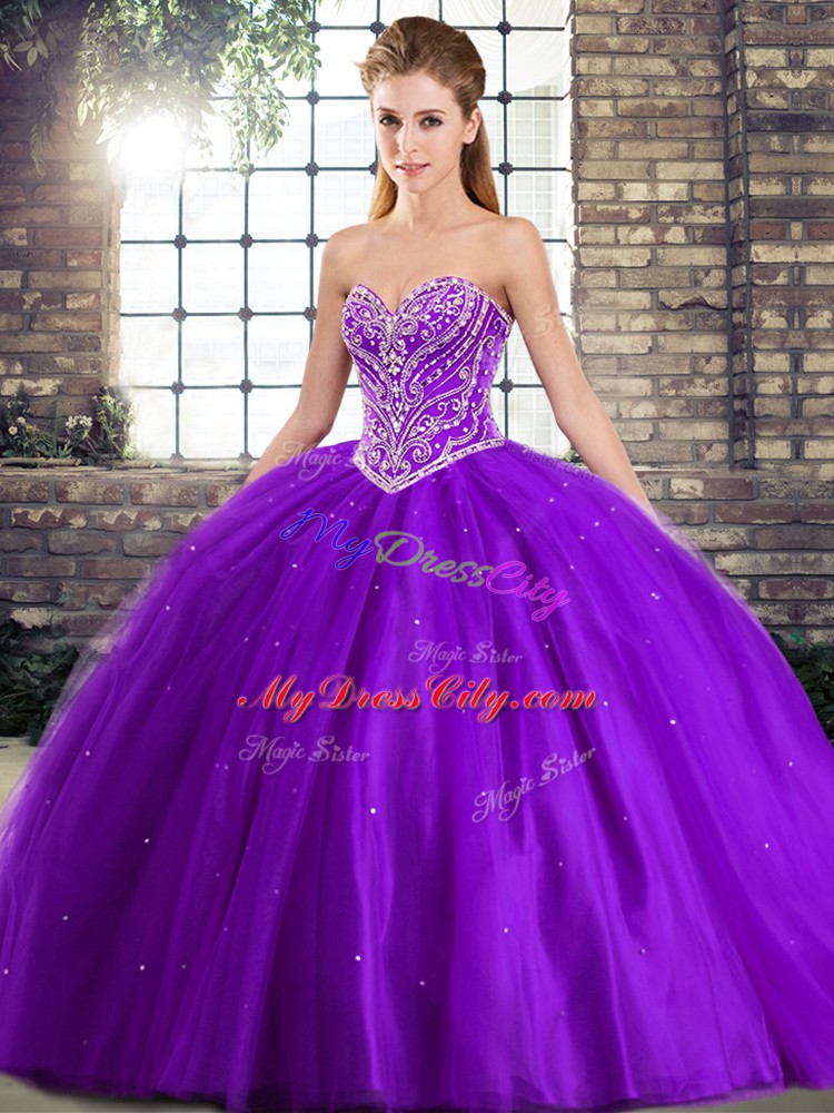 Custom Fit Ball Gowns Sleeveless Purple Sweet 16 Dress Brush Train Lace Up
