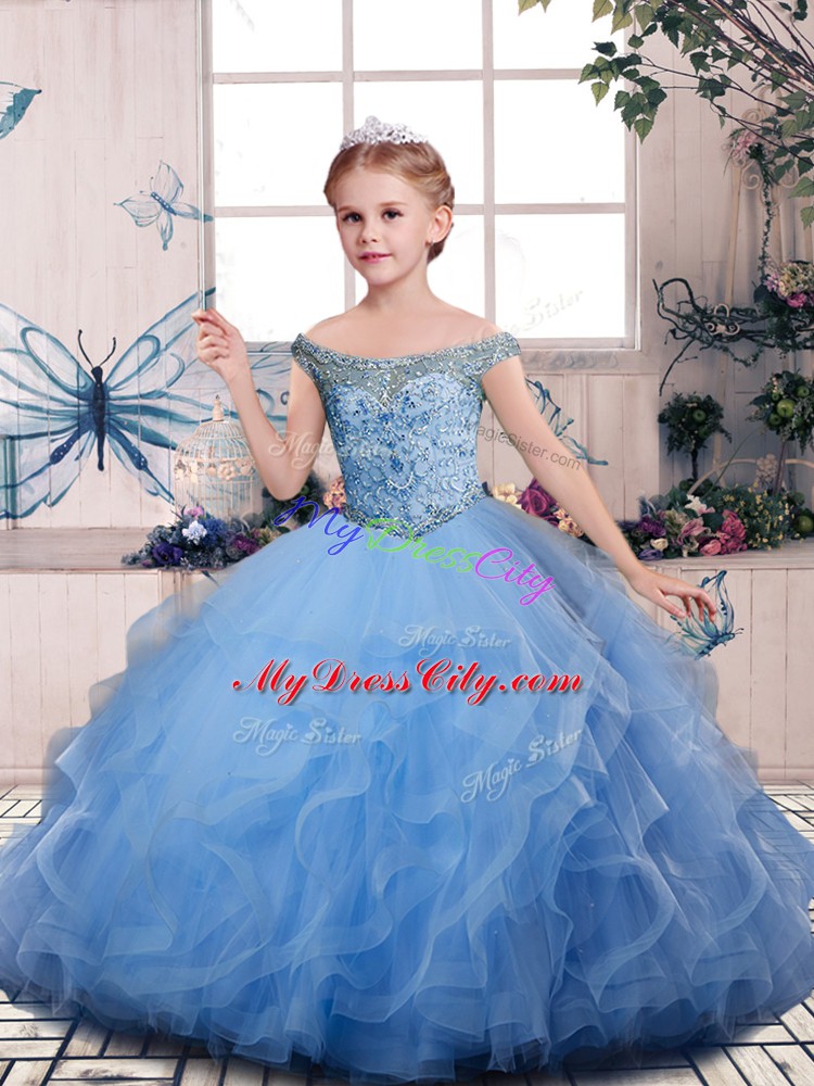 Inexpensive Blue Off The Shoulder Neckline Beading and Ruffles Kids Pageant Dress Sleeveless Lace Up