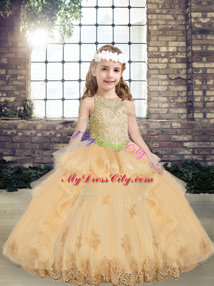 Customized Champagne Sleeveless Tulle Lace Up Kids Pageant Dress for Party and Military Ball and Wedding Party