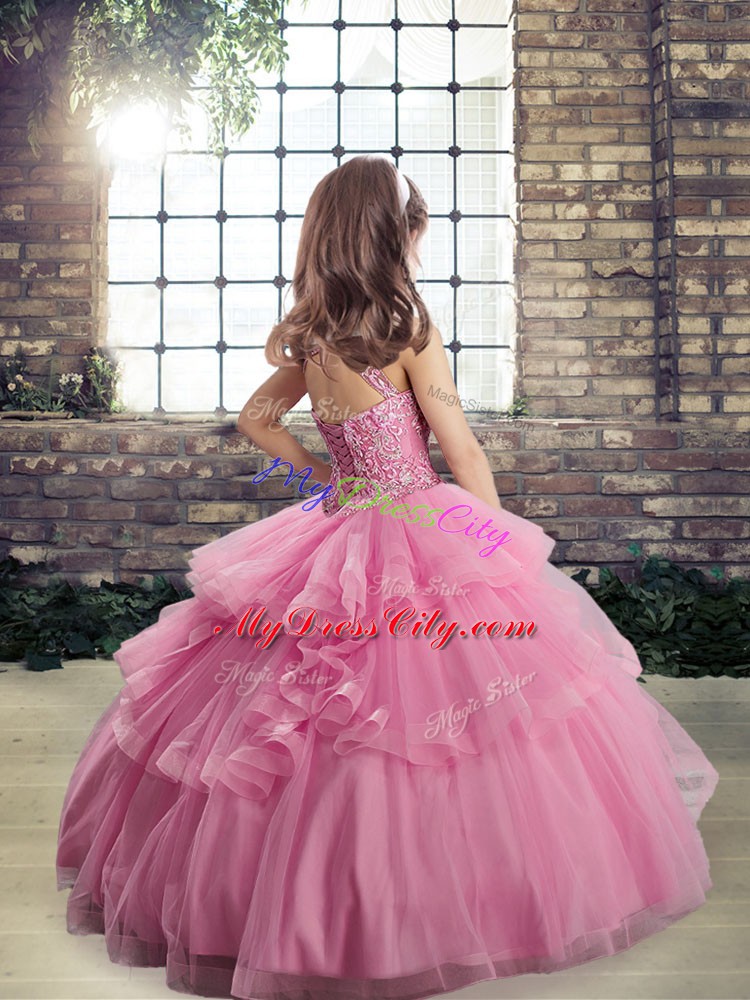 Customized Champagne Sleeveless Tulle Lace Up Kids Pageant Dress for Party and Military Ball and Wedding Party