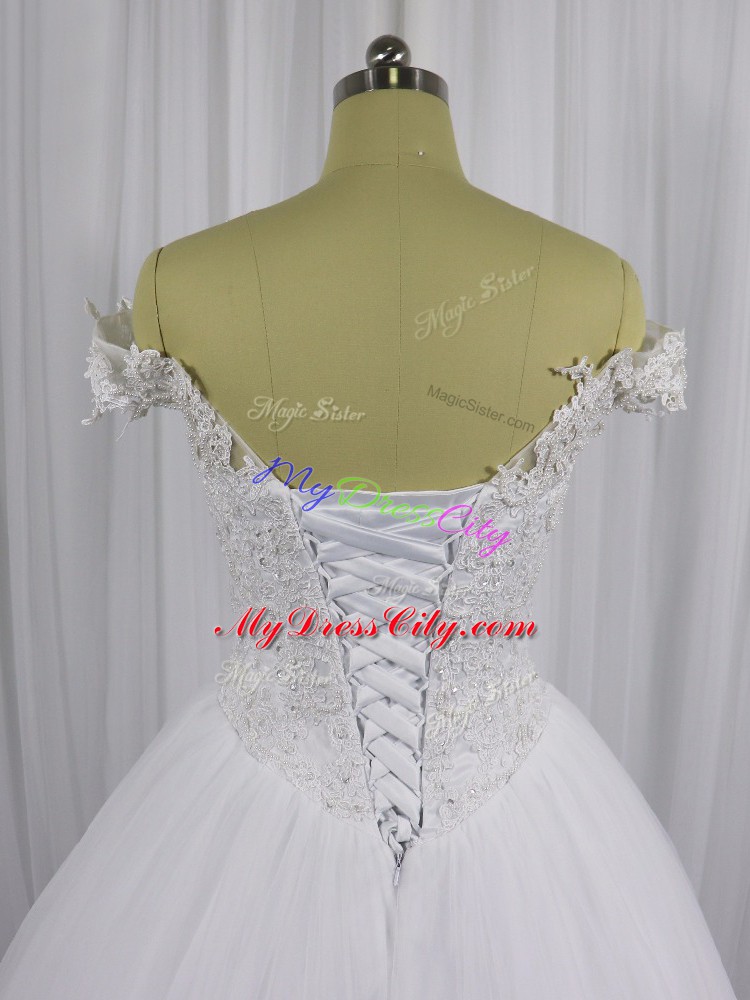 Beading and Lace Wedding Dress White Lace Up Sleeveless Floor Length
