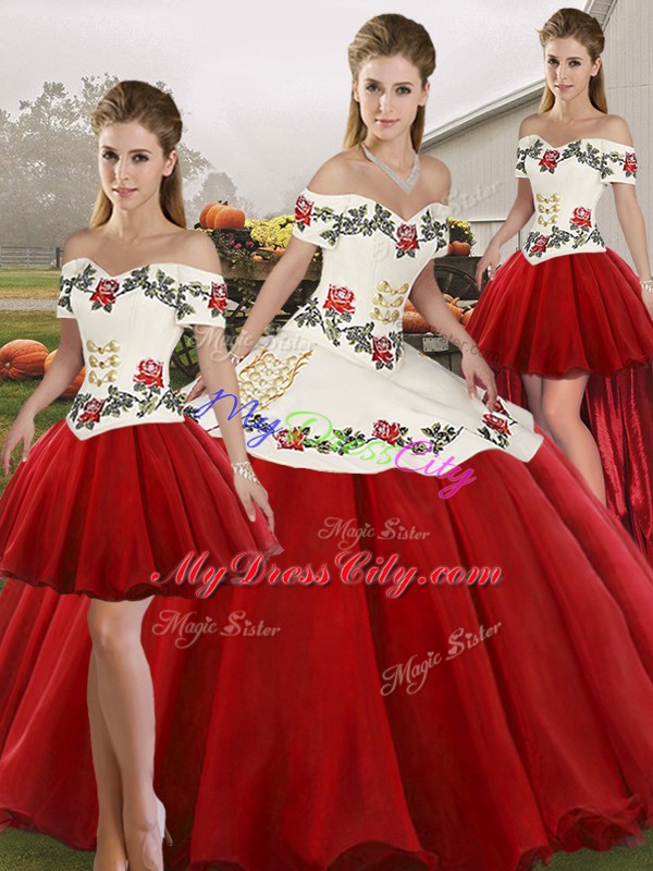 White And Red Lace Up Sweet 16 Dress Embroidery Sleeveless Floor Length