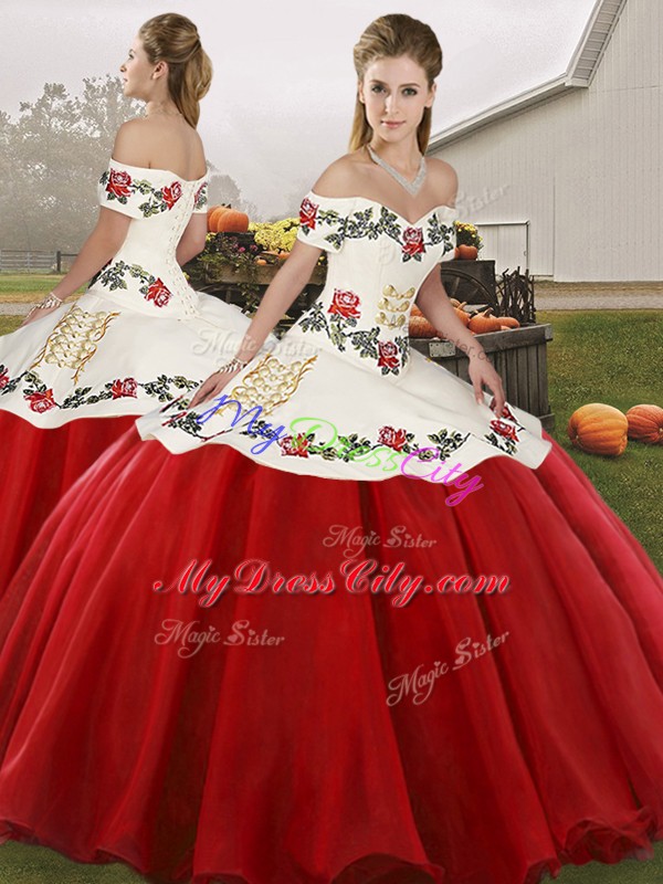 White And Red Lace Up Sweet 16 Dress Embroidery Sleeveless Floor Length