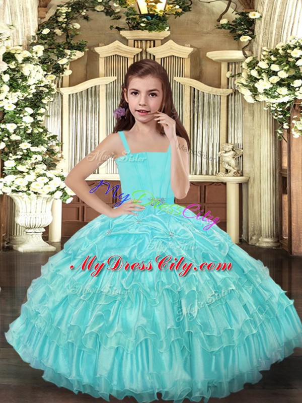 Sleeveless Floor Length Ruffled Layers Lace Up Little Girls Pageant Dress Wholesale with Aqua Blue