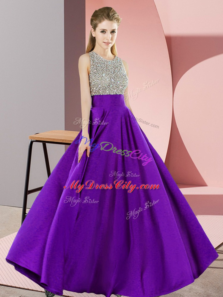 Fashionable Floor Length Purple Formal Evening Gowns Scoop Sleeveless Backless