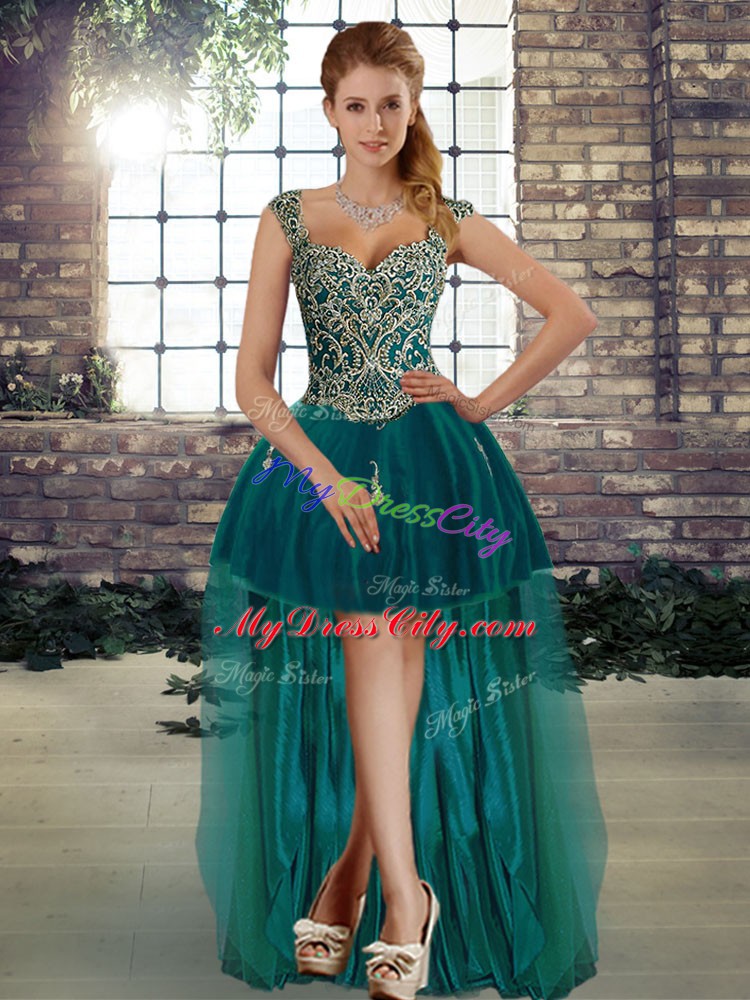 Hot Selling Dark Green A-line Straps Sleeveless Tulle High Low Lace Up Beading Prom Dress