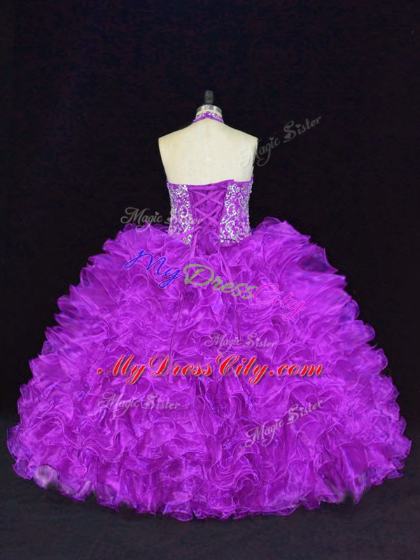 Purple Sleeveless Floor Length Beading and Ruffles Lace Up Ball Gown Prom Dress