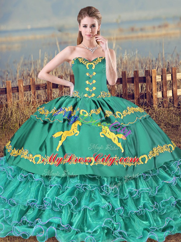 Custom Designed Embroidery and Ruffled Layers 15 Quinceanera Dress Turquoise Lace Up Sleeveless Floor Length