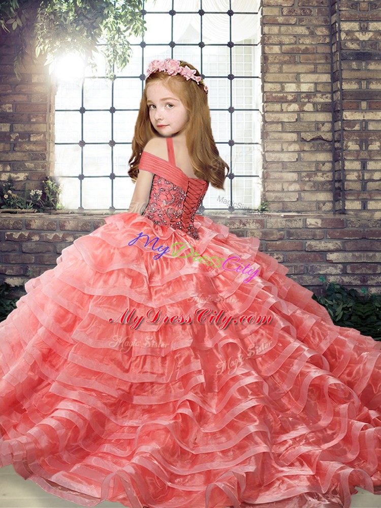 Long Sleeves Organza Brush Train Lace Up Little Girl Pageant Dress in Orange with Beading and Ruffled Layers