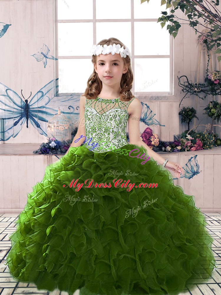 Olive Green Organza Lace Up Little Girl Pageant Dress Sleeveless Floor Length Beading and Ruffles