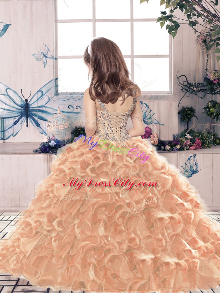 Olive Green Organza Lace Up Little Girl Pageant Dress Sleeveless Floor Length Beading and Ruffles