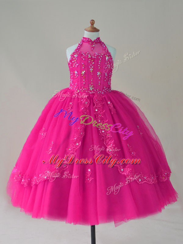 Dramatic Tulle Sleeveless Floor Length Pageant Dress and Beading and Appliques