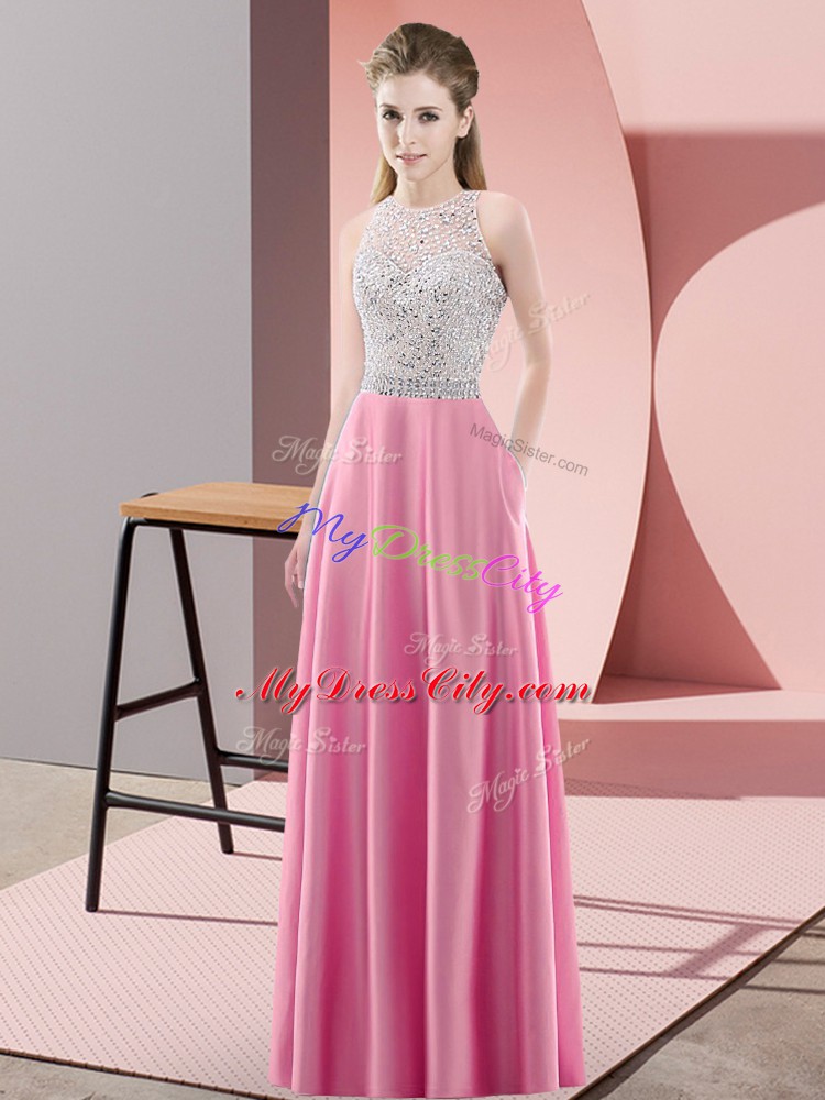 Satin Scoop Sleeveless Backless Beading Pageant Dress for Teens in Rose Pink