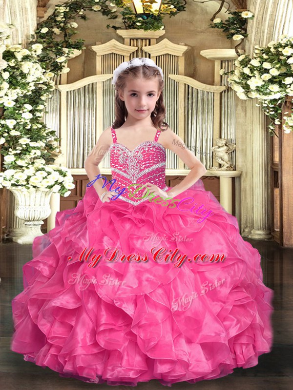 Hot Pink Sleeveless Beading and Ruffles Floor Length Little Girl Pageant Dress