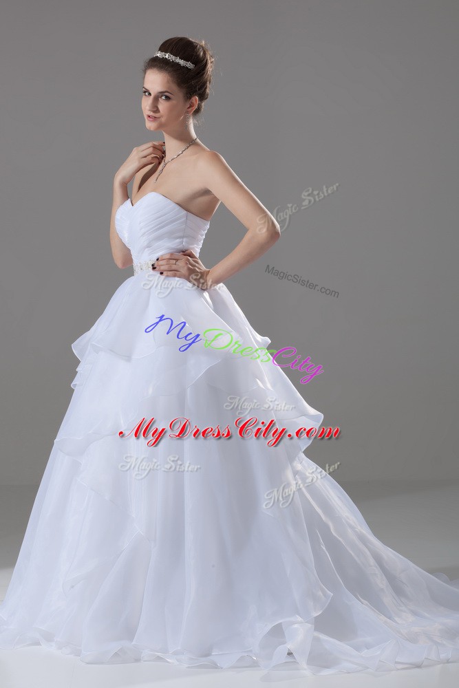 Vintage A-line Sleeveless White Wedding Gowns Brush Train Lace Up