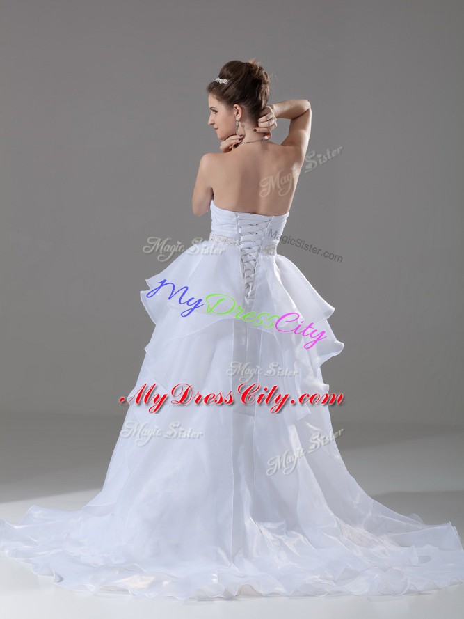 Vintage A-line Sleeveless White Wedding Gowns Brush Train Lace Up