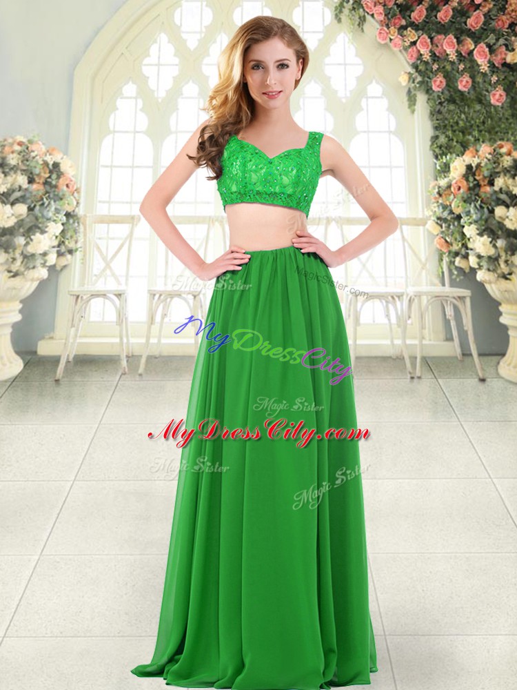 Sleeveless Chiffon Floor Length Zipper Dress for Prom in Green with Beading and Lace