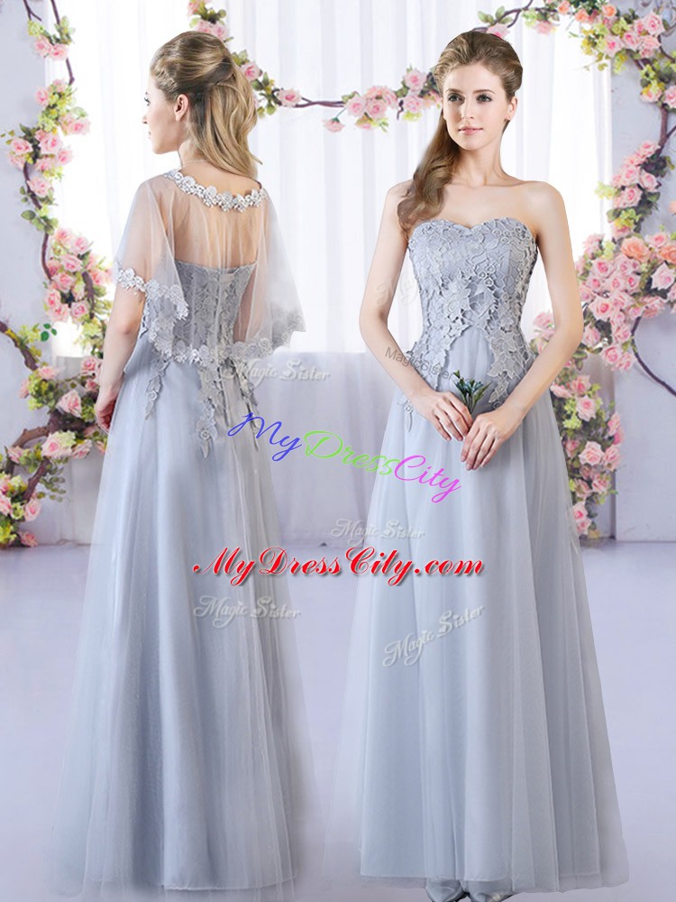 Sweet V-neck Sleeveless Bridesmaid Dresses Floor Length Appliques Grey Tulle