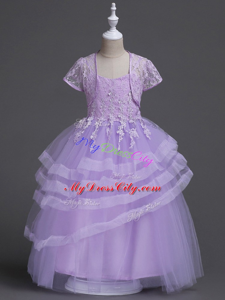 Sweet Lavender Tulle Zipper Toddler Flower Girl Dress Sleeveless Floor Length Appliques and Ruffled Layers