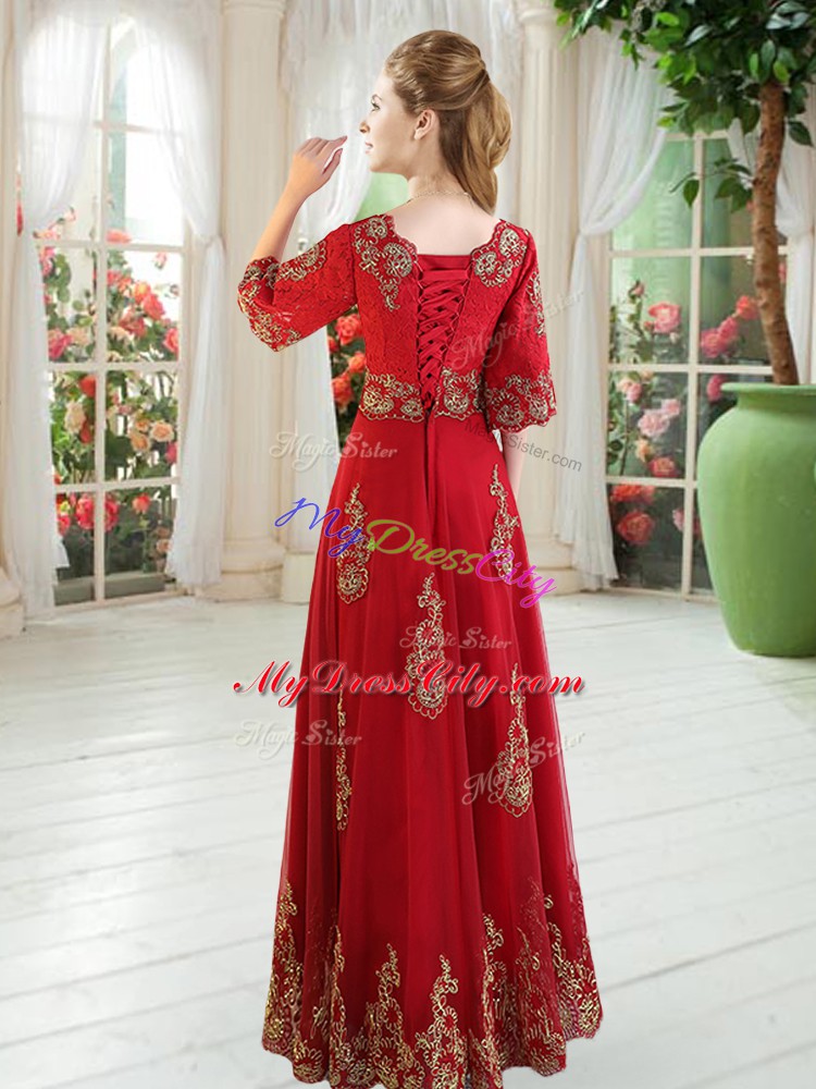 Affordable Red A-line Tulle Scoop Half Sleeves Lace Floor Length Lace Up Prom Party Dress