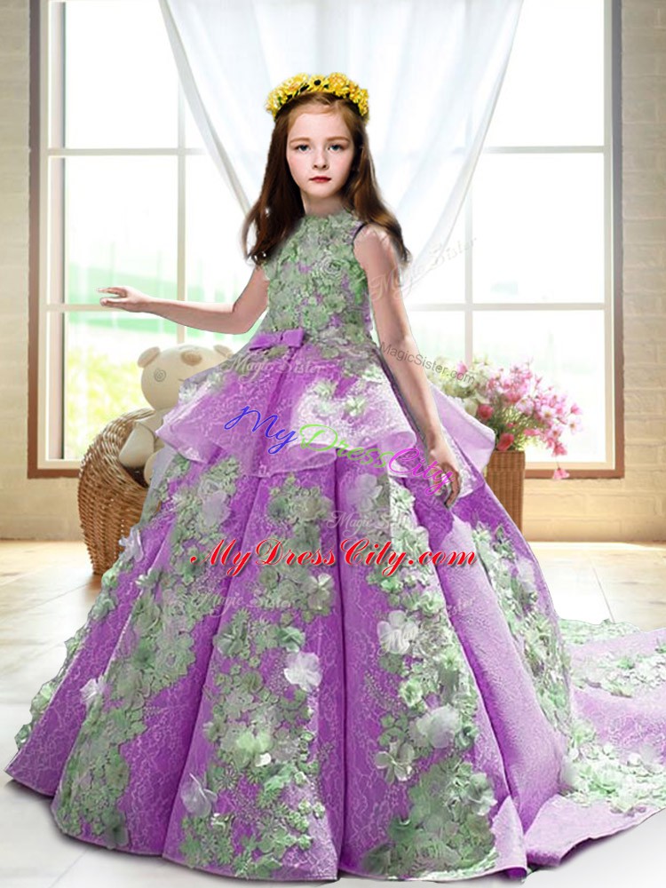 Best Lilac Backless High-neck Appliques Pageant Dress Toddler Satin Sleeveless Court Train
