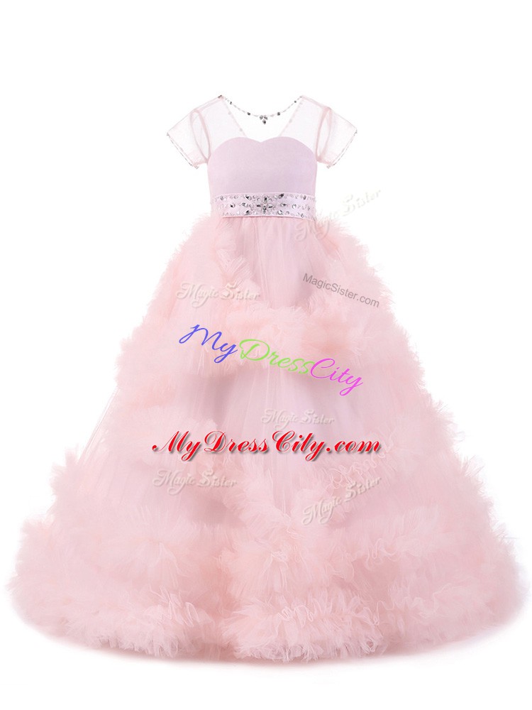 Short Sleeves Floor Length Beading and Ruffles Backless Pageant Dress Toddler with Baby Pink