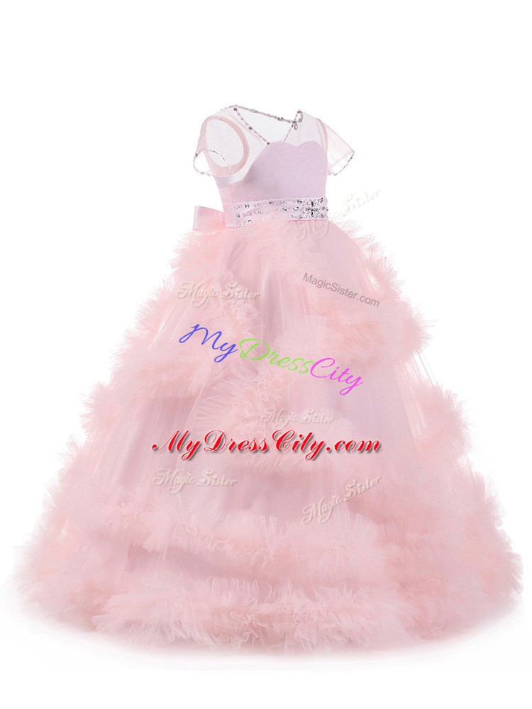 Short Sleeves Floor Length Beading and Ruffles Backless Pageant Dress Toddler with Baby Pink
