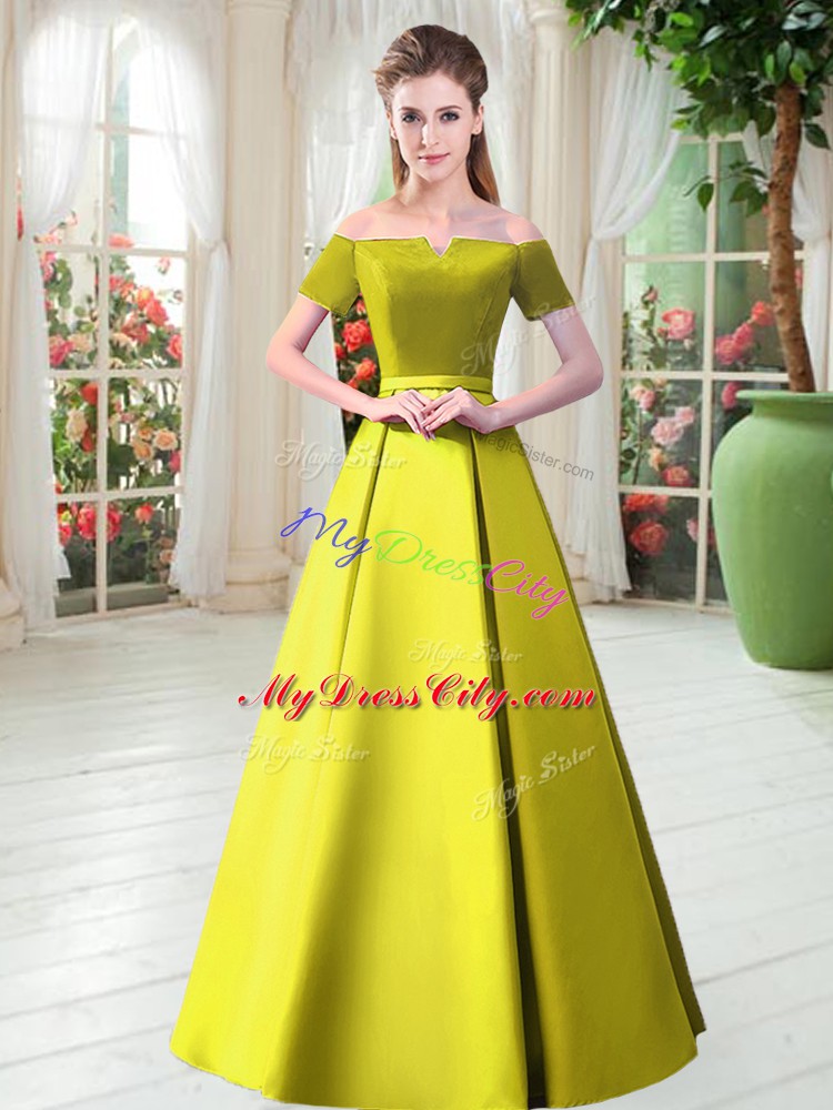 Yellow Green A-line Off The Shoulder Short Sleeves Satin Floor Length Lace Up Belt Prom Party Dress