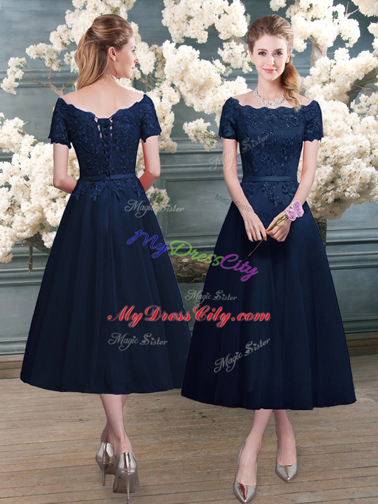 Low Price Navy Blue Short Sleeves Tea Length Lace Zipper Prom Dresses