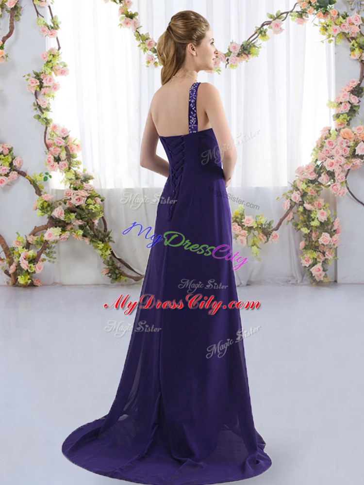 Purple Empire Beading Wedding Party Dress Lace Up Chiffon Sleeveless
