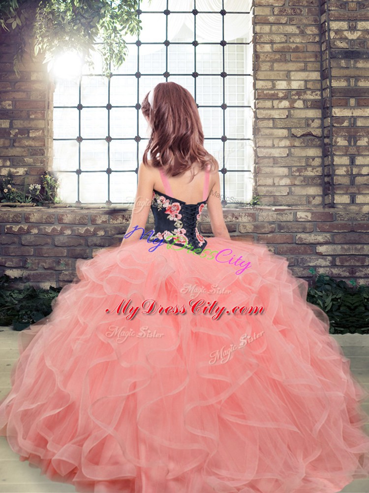 Superior Straps Sleeveless Tulle Pageant Gowns Embroidery and Ruffles Lace Up