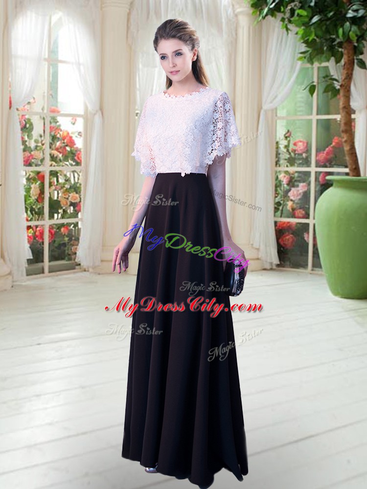 White And Black Short Sleeves Lace Floor Length Evening Dress