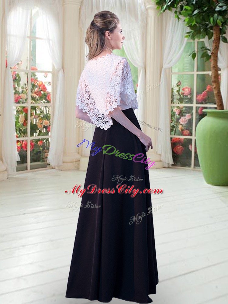 White And Black Short Sleeves Lace Floor Length Evening Dress