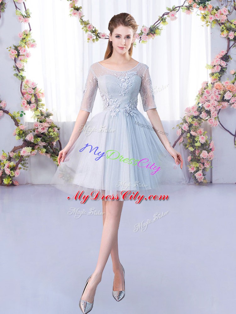 Grey Bridesmaids Dress Prom and Party and Wedding Party with Lace Scoop Half Sleeves Lace Up