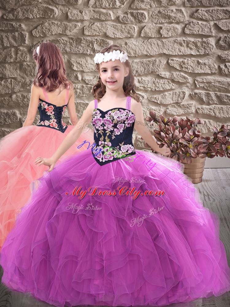 Fantastic Embroidery and Ruffles Little Girl Pageant Gowns Purple Lace Up Sleeveless Floor Length