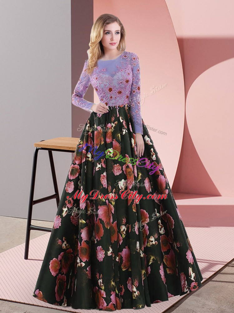 Sweep Train A-line Homecoming Dress Multi-color Scoop Printed Long Sleeves Lace Up