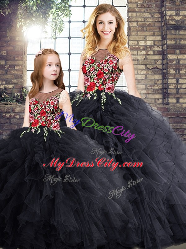 Scoop Sleeveless Sweet 16 Quinceanera Dress Floor Length Embroidery and Ruffles Black