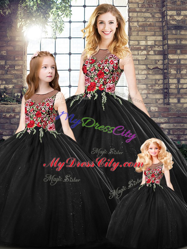 Sleeveless Floor Length Zipper 15th Birthday Dress in Black with Embroidery