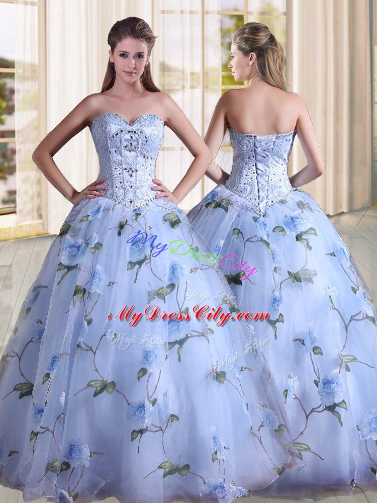Sweetheart Sleeveless Printed Quince Ball Gowns Beading Lace Up
