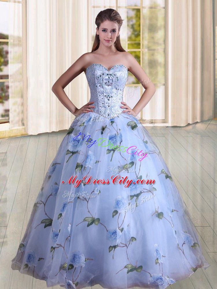 Sweetheart Sleeveless Printed Quince Ball Gowns Beading Lace Up