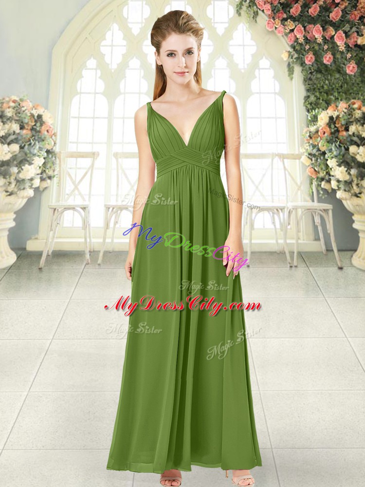 Flirting Olive Green Chiffon Backless V-neck Sleeveless Ankle Length Evening Party Dresses Ruching