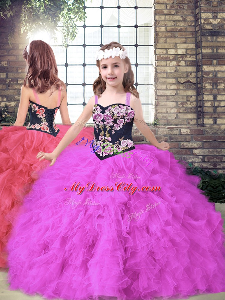 Fuchsia Ball Gowns Tulle Straps Sleeveless Embroidery and Ruffles Floor Length Lace Up Little Girls Pageant Gowns