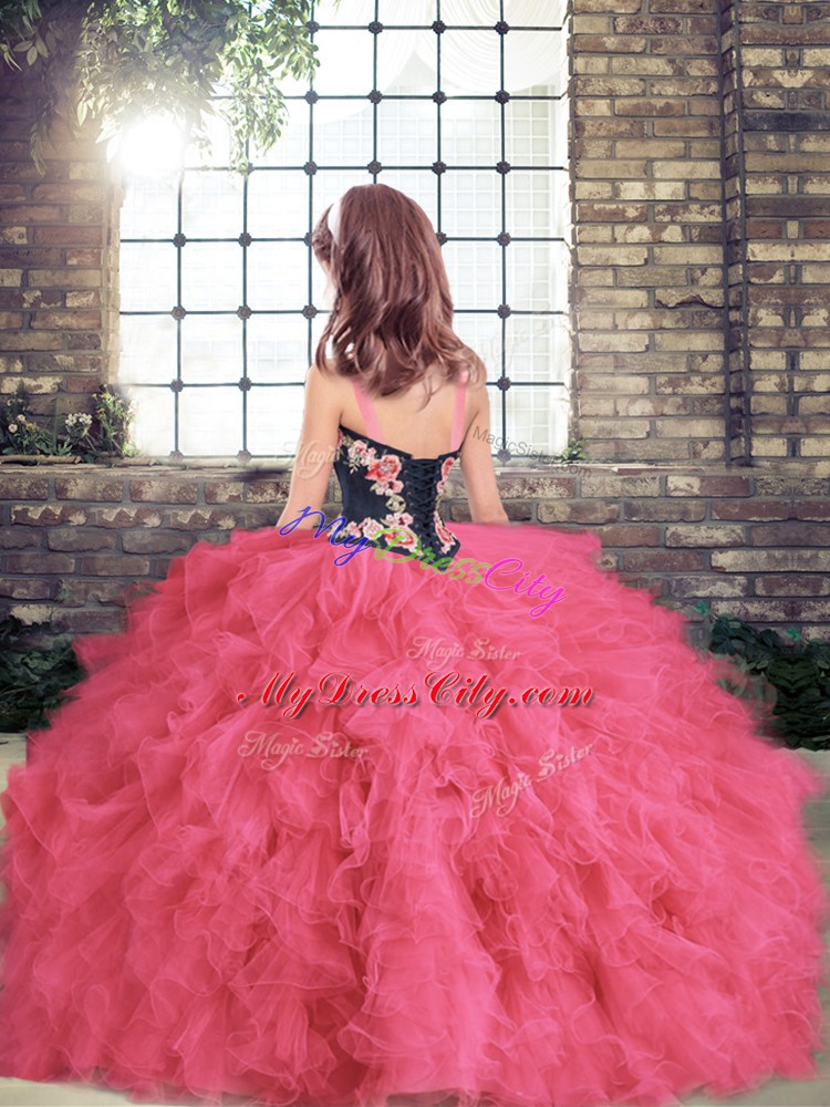 Fuchsia Ball Gowns Tulle Straps Sleeveless Embroidery and Ruffles Floor Length Lace Up Little Girls Pageant Gowns