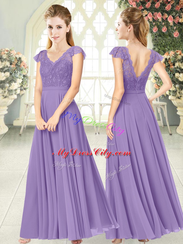 Stylish Lavender Empire Chiffon V-neck Cap Sleeves Lace Ankle Length Zipper Prom Dresses